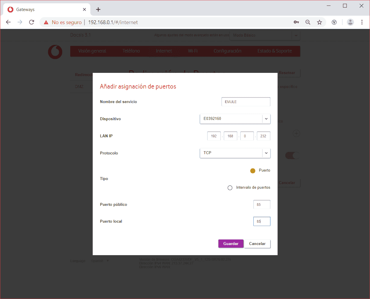Imagen de la pantalla de configuración del router Technicolor CGA4233