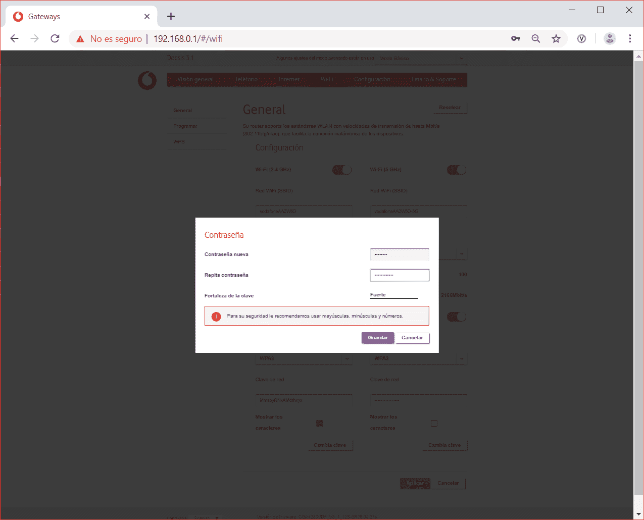 Pantalla de cambio de contraseña del router Technicolor CGA4233