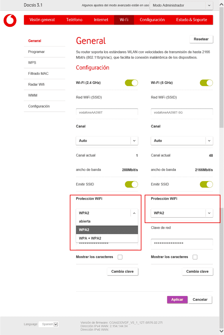 Pantalla de cambio de encriptación del router Technicolor CGA4233