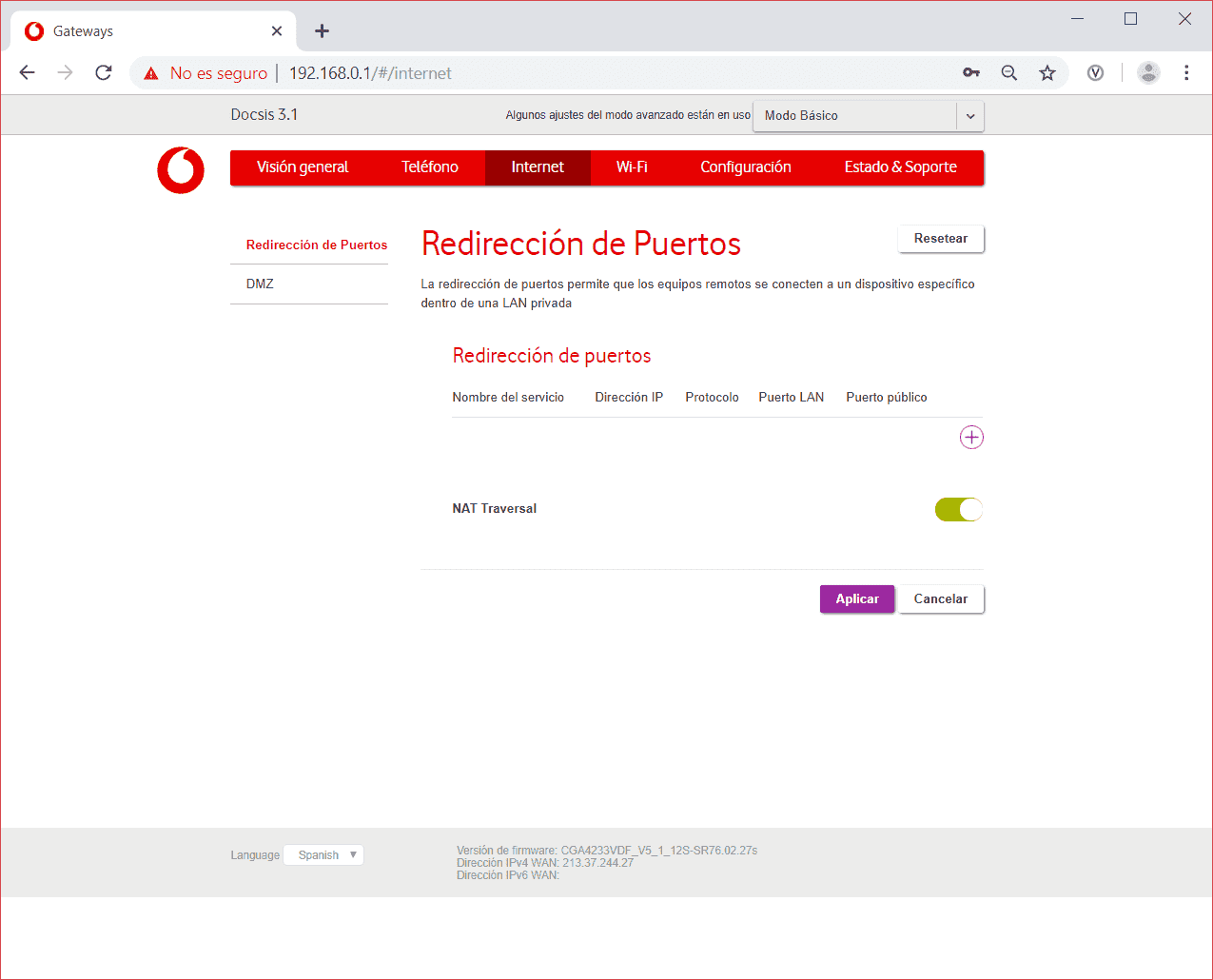 Imagen de la pantalla de configuración del router Technicolor CGA4233