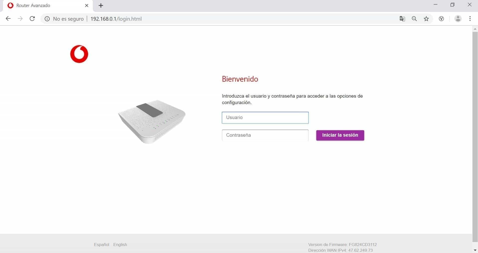 Pantalla de inicio de sesión con usuario y contraseña del router Sercomm FG824CD