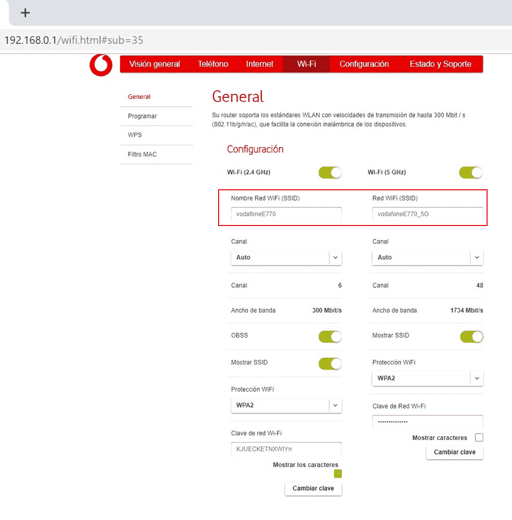 Pantalla de cambio de nombre de red WiFi del router Sercomm FG824CD