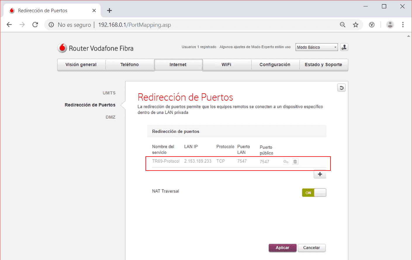 Imagen de la pantalla de configuración del router Technicolor TC7230