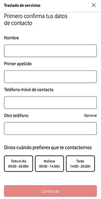 Pantalla con formulario donde rellenar los datos solicitados para el traslado de servicios. Abre ventana modal.