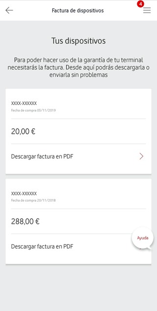 Pantalla de consulta y descarga de factura de dispositivos, abre ventana modal.