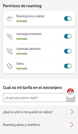 Pantalla acceso a roaming. Abre ventana modal.