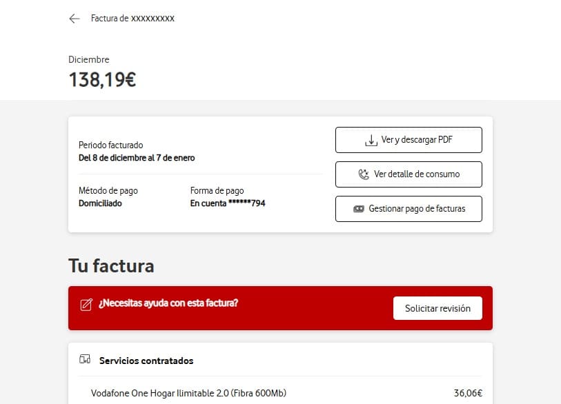 Detalle de factura mensual y enlace para la descarga, abre ventana modal.