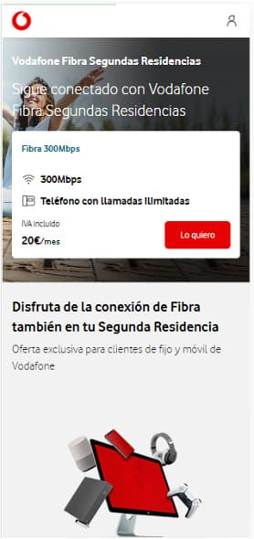 Pantalla con banner para la contratación de Vodafone Fibra Segundas Residencias. Abre ventana modal.
