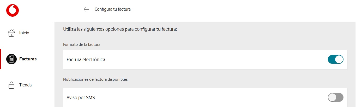 Muestra en apartado donde se puede activar/desactivar la pestaña que permite indicar si se quiere recibir aviso de factura a través de SMS