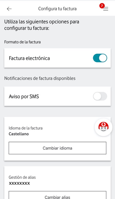 Configuración de aviso por SMS, abre ventana modal.