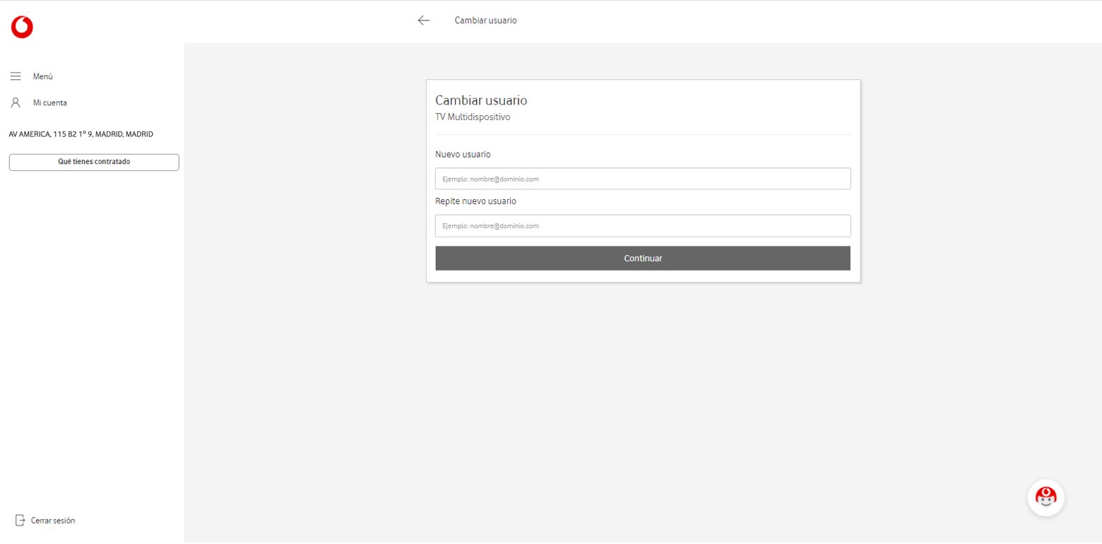 Pantalla cambio de usuario Vodafone TV. Abre ventana modal.