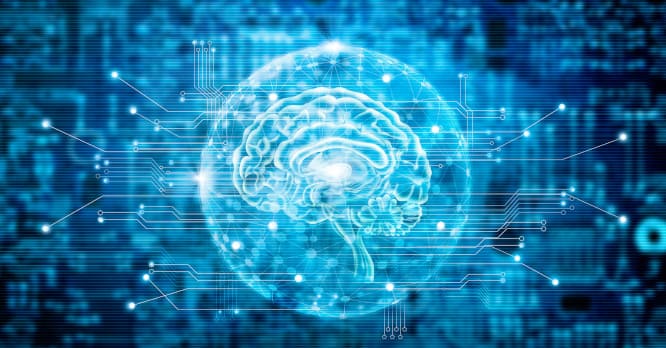 Ilustración digital futurista de un cerebro humano luminoso y translúcido flotando en una esfera de nodos interconectados y circuitos eléctricos, representando las redes neuronales y cómo probar gratis la inteligencia artificial en la actualidad.