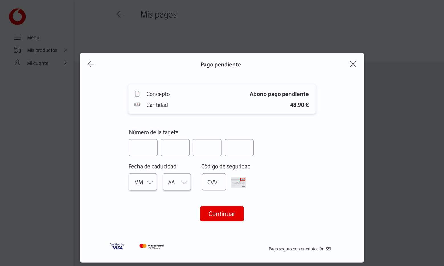 Pantalla introducir número de tarjeta. Abre ventana modal.