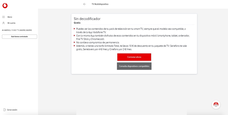 Pantalla de contratación de Vodafone TV sin decodificador. Abre ventana modal.