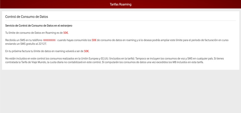 Información sobre límite de consumo de roaming, abre ventana modal