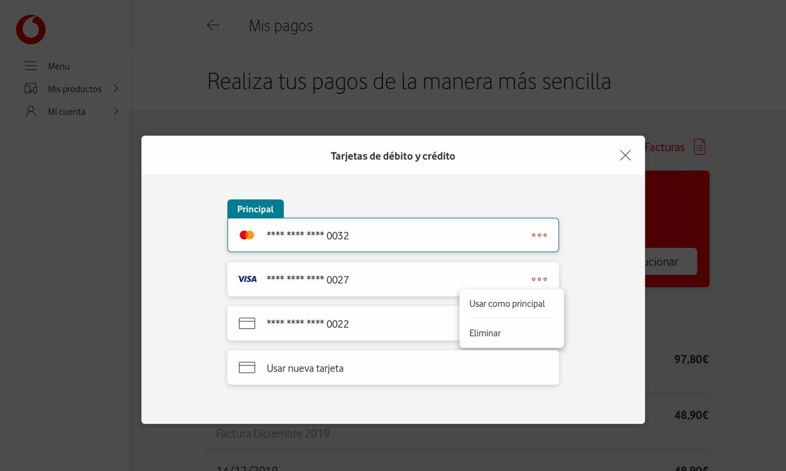Pantalla Tarjetas de débito o crédito. Abre ventana modal
